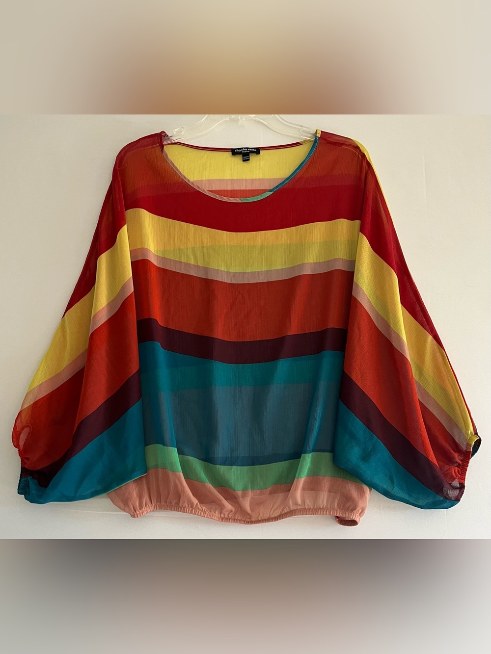 Cha Cha Vente Rainbow Stripe Dolman Sleeve Sheer Boho Blouse M